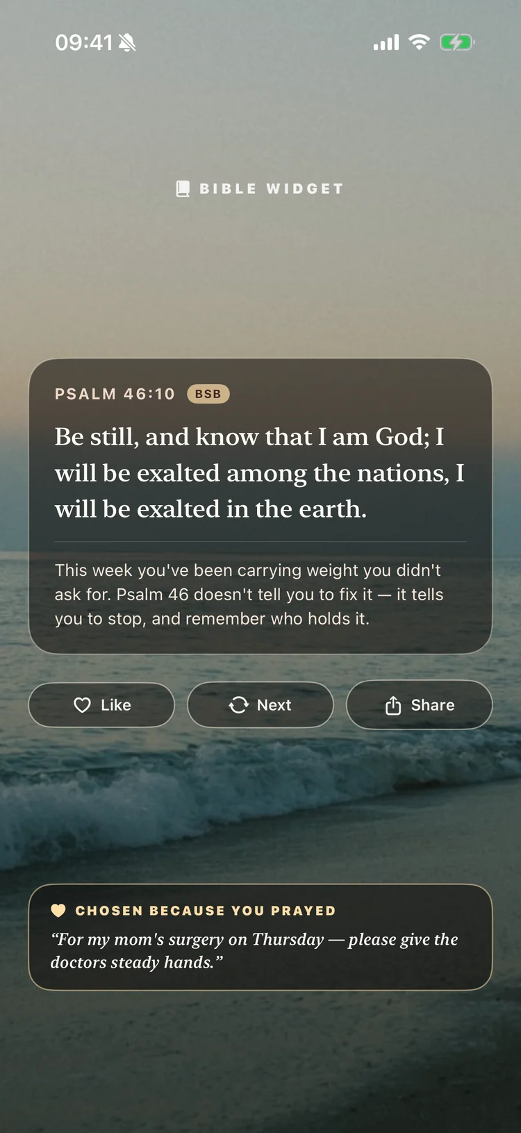 Bible Widget — today's verse Psalm 46:10, chosen from your recent prayer